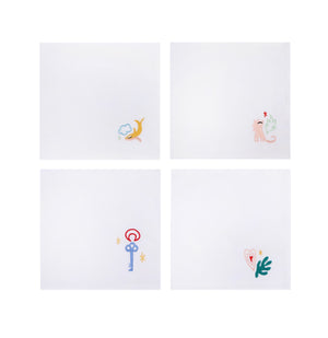 The complete napkin set. Each napkin has a motif embroidered on. 