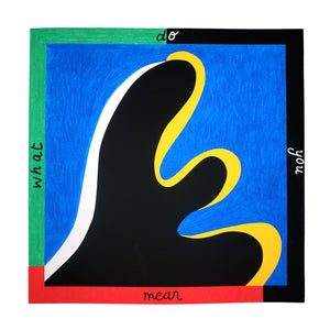 The print has a royal blue background, and a red, black and green border. The main design is a black shape with a white and yellow shadow.