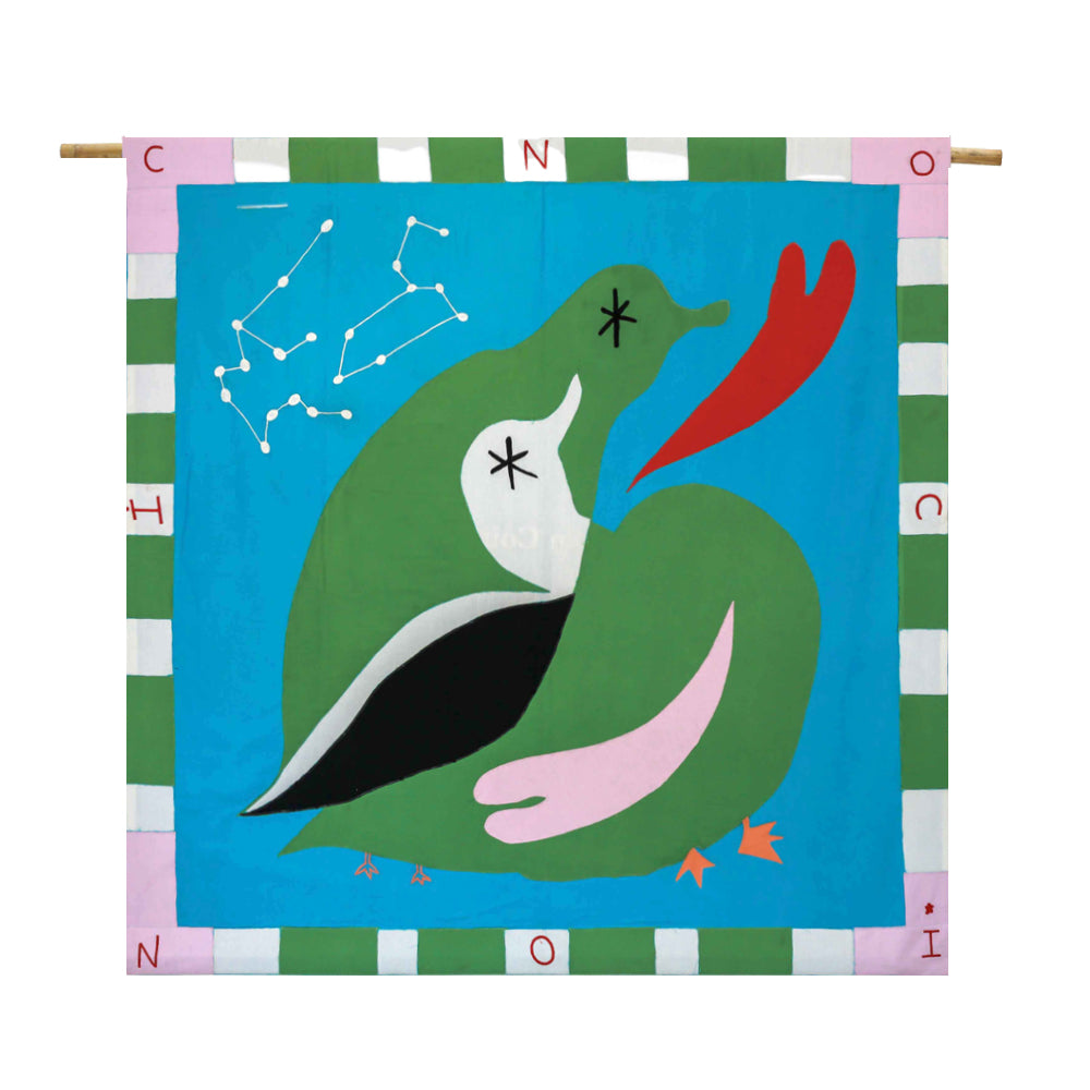 Flag design: teal blue back ground with two green ducks in the centre. A red heart is patched beside them. The border is pink, white and green.