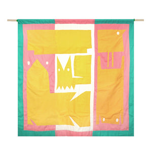 The background is split into three equal vertical strips, in pink and beige. The shapes are yellow and thew border is pink and green.